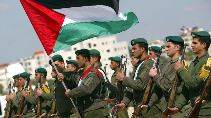 Palestinian honor guard police officers, Ramallah, West Bank, March 14, 2005