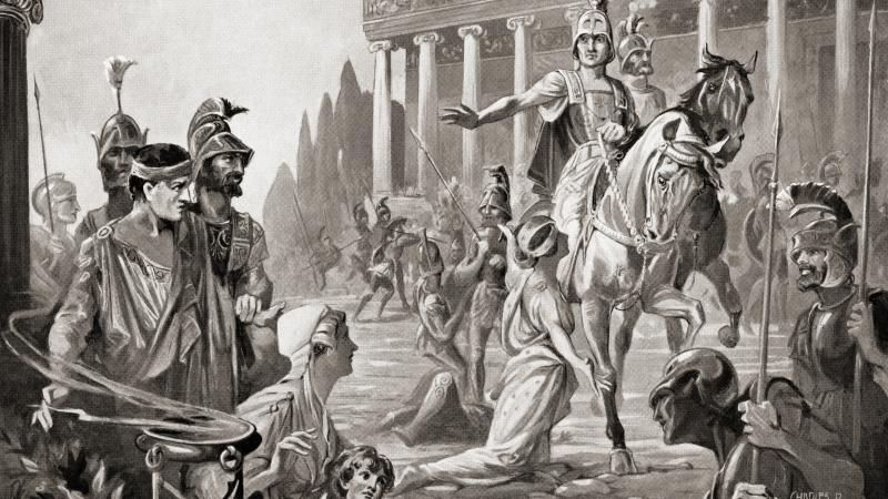 The sacking of Thebes, Greece, in 335 BC by Alexander The Great, aka Alexander III of Macedon.