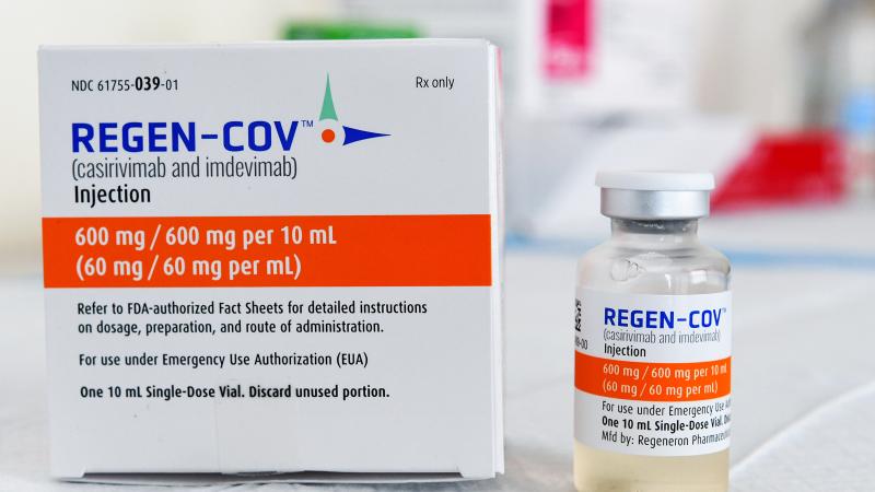 A box and vial of the Regeneron monoclonal antibody