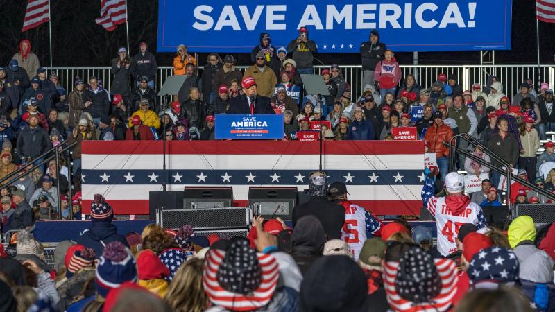 Former U.S. President Donald Trump speaks during a rally at the Banks County Dragway on March 26, 2022 in Commerce, Georgia.