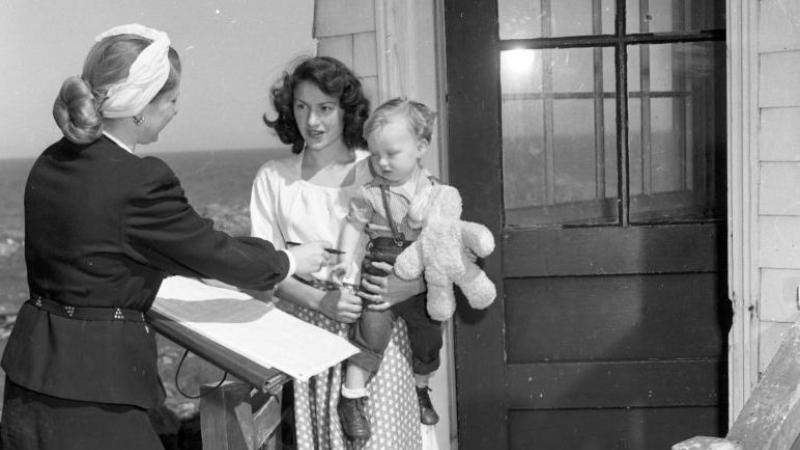 Census enumerator Helen Leslie Mabbott surveys the Farallone Islands, 1950