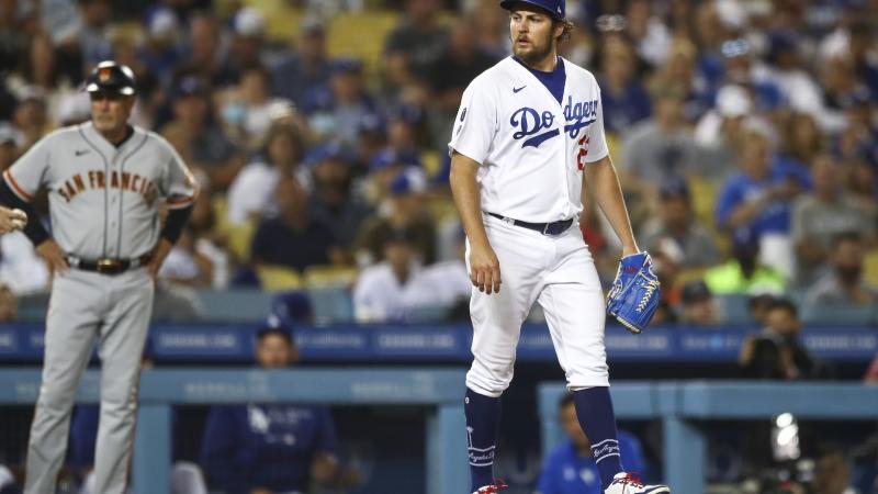 Trevor Bauer #27 of the Los Angeles Dodgers looks on during the sixth inning against the San Francisco Giants at Dodger Stadium on June 28, 2021 in Los Angeles, California.