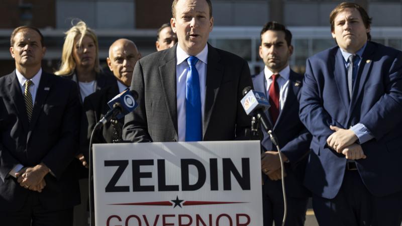 Congressman Lee Zeldin is joined by elected officials as they demand the demand a repeal of the cashless bail law on Nov. 10, 2021 in Central Islip, New York.