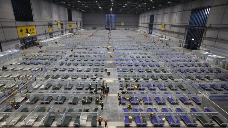 The makeshift hospital under construction in Shanghai, Apr. 8, 2022