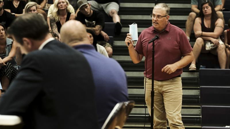Mask, school board meeting, Schoolcraft, Michigan, Aug. 23, 2021