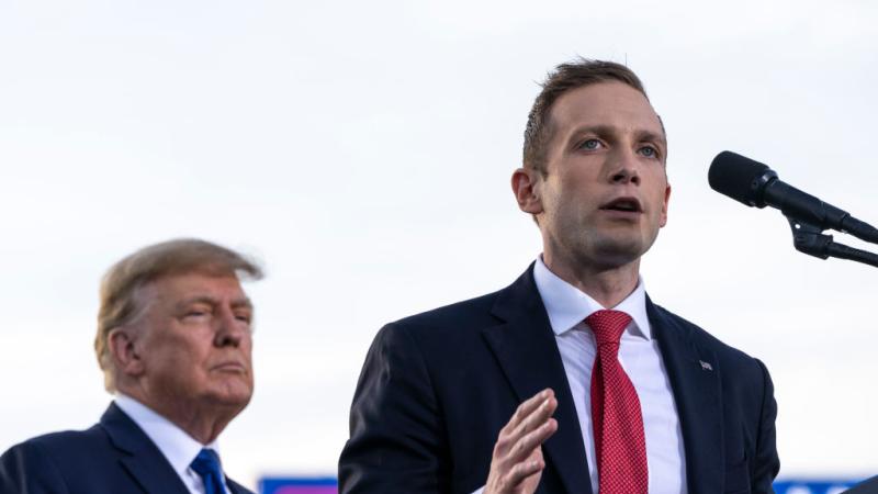 Republican Congressional nominee Max Miller speaks in Ohio alongside former President Donald Trump