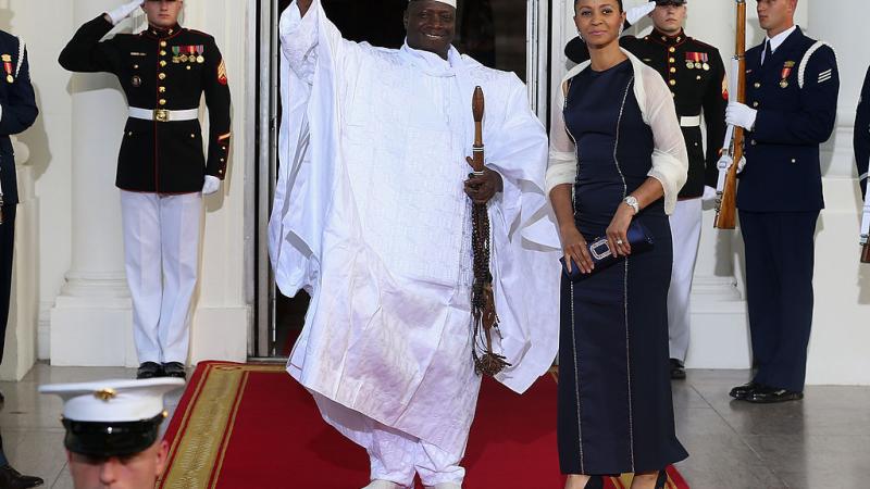 The Gambia President Yahya A.J.J. Jammeh and spouse Zineb Jammeh, arrive at the North Portico of the White House for a State Dinner, Aug 5, 2014