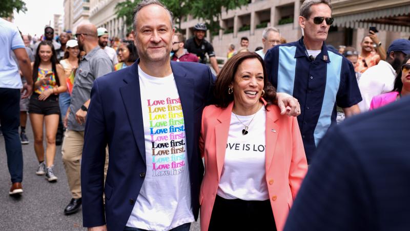 U.S. Vice President Kamala Harris and husband Doug Emhoff join marchers for the Capital Pride Parade on June 12, 2021 in Washington, DC. Capital Pride returned to Washington DC, after being canceled last year due to the Covid-19 pandemic.