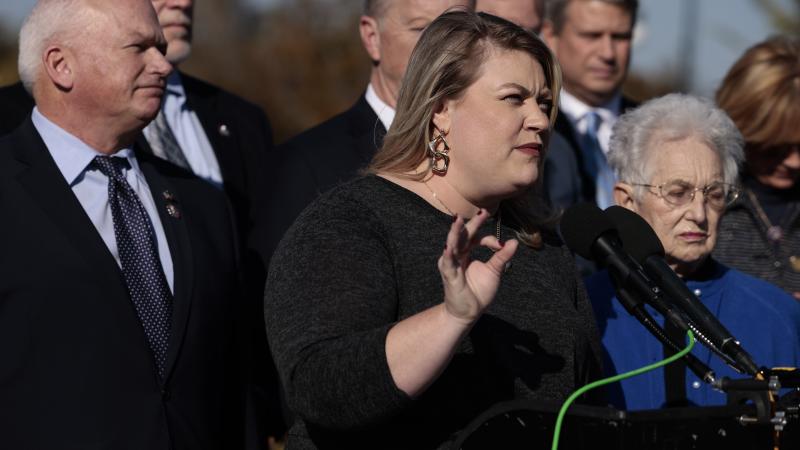 Rep. Kat Cammack (R-FL) speaks at a press conference on vaccine mandates for businesses with House Republicans on Capitol Hill on November 18, 2021 in Washington, DC.