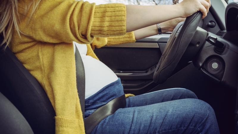 Pregnant woman driving, stock image