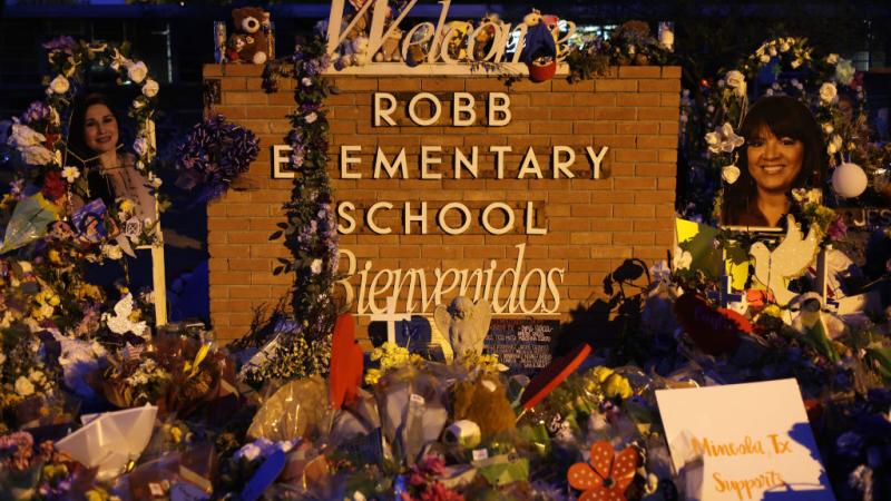 Memorials outside Robb Elementary School, Uvalde, Tx., June 3 2022