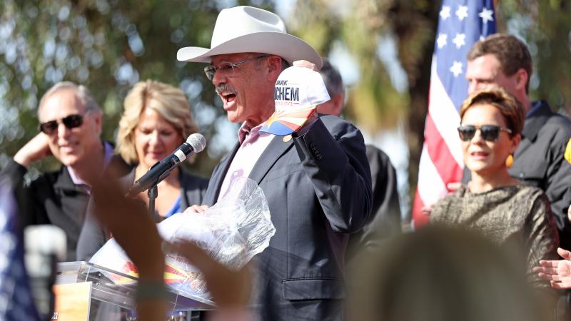 Arizona Republican Secretary of State candidate Mark Finchem speaks during a get out the vote campaign rally on November 05, 2022 in Chandler, Arizona.