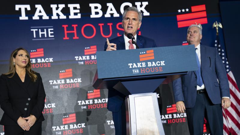 House Minority Leader Rep. Kevin McCarthy (R-CA) delivers remarks to supporters alongside Ronna Romney McDaniel, Republican National Committee chair, and Rep. Tom Emmer (R-MN), at a watch party at the Westin Hotel on November 9, 2022 in Washington, DC.