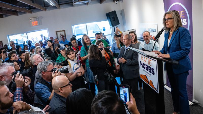 Governor-elect of Arizona Katie Hobbs speaks to attendees at a rally to celebrate Hobbs's victory on November 15, 2022 in Phoenix, Arizona.