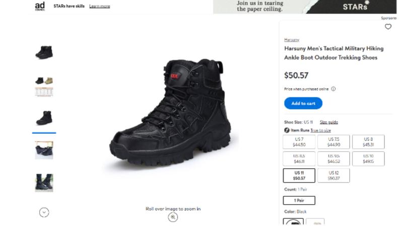 A screenshot of the boots for sale on Walmart's Marketplace