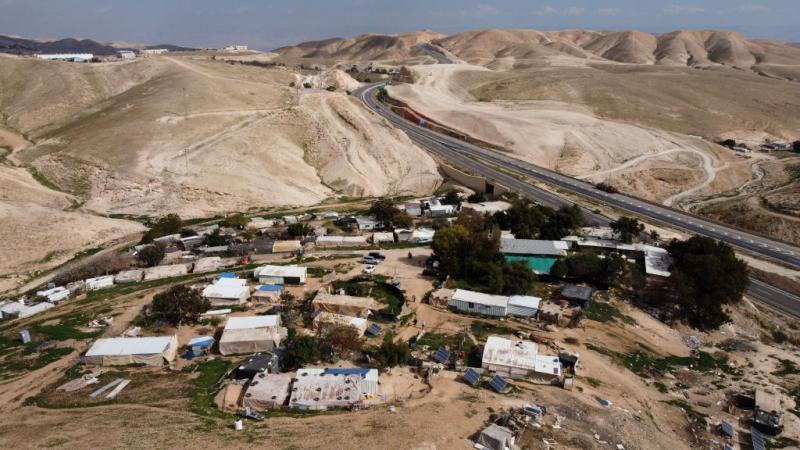 KHAN AL-AHMAR, WEST BANK - JANUARY 30: A view from above over the village of Khan Al-Ahmar on January 30, 2023 in Kan al-Ahmar, West Bank. In 2018, Israel's High Court said the village's residents could be evicted, but the government has since delayed a decision on whether it would seek to demolish the settlement. Critics have said that the eviction of its residents would be a violation of international law. (Photo by Amir Levy/Getty Images)