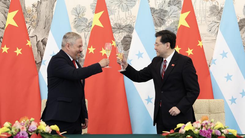 Chinese Foreign Minister Qin Gang, Honduras Foreign Minister Eduardo Enrique Reina, Beijing, China, March 26, 2023