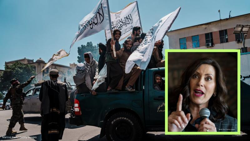 Members of the Taliban on a bus and a separate photo of Michigan Gov. Gretchen Whitmer