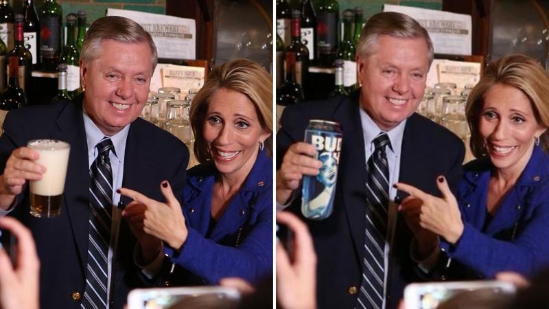 L: Lindsey Graham, Darline Graham Nordone, Oct. 27, 2015, Boulder, Colo., R: Marjorie Taylor Greene edit, April 16, 2023