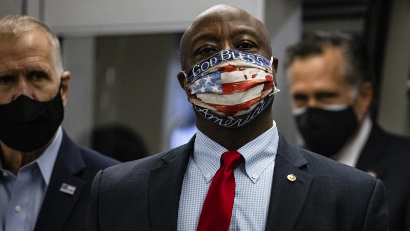 Senator Tim Scott (R-SC) steps off the Senate subway on his way to a vote in the Senate at the U.S. Capitol on November 12, 2020 in Washington, DC.