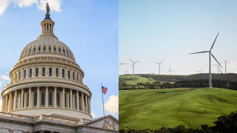 U.S. Capitol and a windmill farm