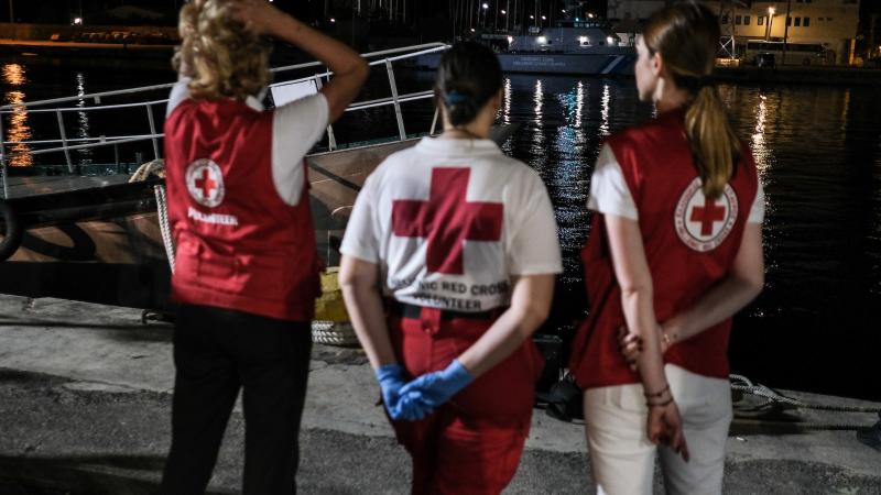 Red Cross workers, migrant boat capsized, Kalamata, Greece, June 14, 2023
