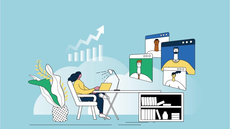 White-collar workers stay at home and have meetings with the company team through video - stock illustration