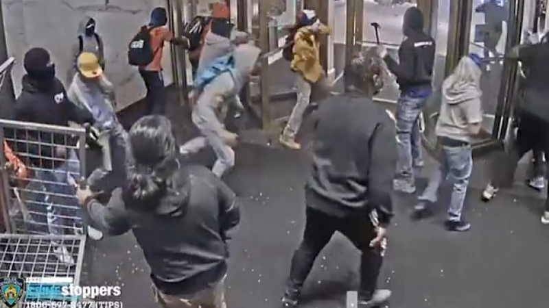 New York Police Department show a chaotic mob looting a retail store