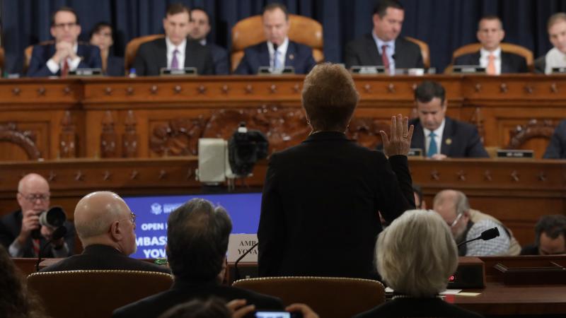 Former U.S. Ambassador to Ukraine Marie Yovanovitch is sworn in prior to providing testimony before the House Intelligence Committee in the Longworth House Office Building on Capitol Hill November 15, 2019 in Washington, DC.