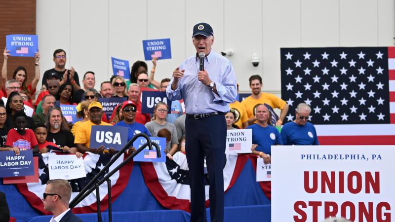 U.S. President Joe Biden addresses union workers at Sheet Metal Workers Local 19 on September 4, 2023 in Philadelphia, Pennsylvania.