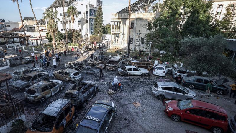 Hospital parking lot after Islamic Jihad misfire, Gaza, Oct. 18, 2023