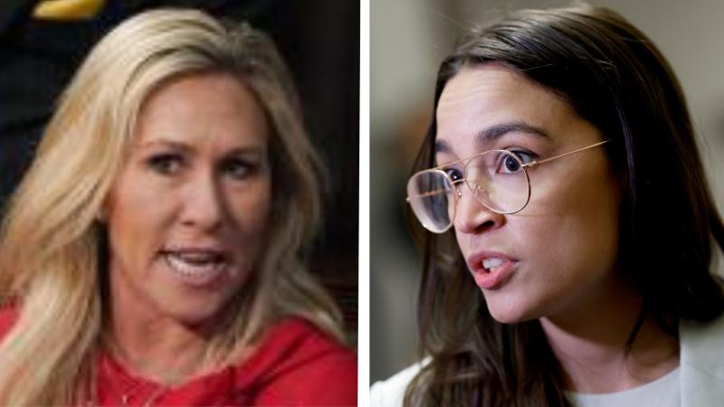 L: Marjorie Taylor Greene, March 1, 2022, Washington, D.C., R: Alexandria Ocasio-Cortez, Washington, D.C., May 31, 2023 L: Marjorie Taylor Greene, March 1, 2022, Washington, D.C., R: Alexandria Ocasio-Cortez, Washington, D.C., May 31, 2023 L: J. Scott Applewhite-Pool/Getty Images, R: Anna Moneymaker/Getty Images