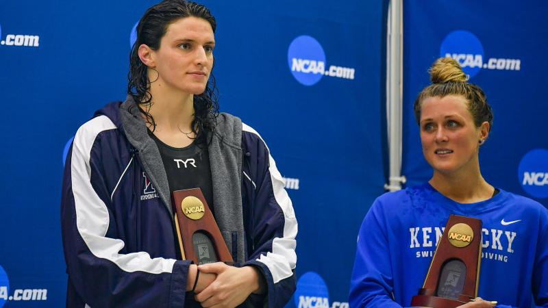 University of Pennsylvania swimmer Lia Thomas and Kentucky swimmer Riley Gaines react after finishing tied for 5th in the 200 Freestyle finals at the NCAA Swimming and Diving Championships on March 18th, 2022 at the McAuley Aquatic Center in Atlanta Georgia. (Photo by Rich von Biberstein/Icon Sportswire via Getty Images)