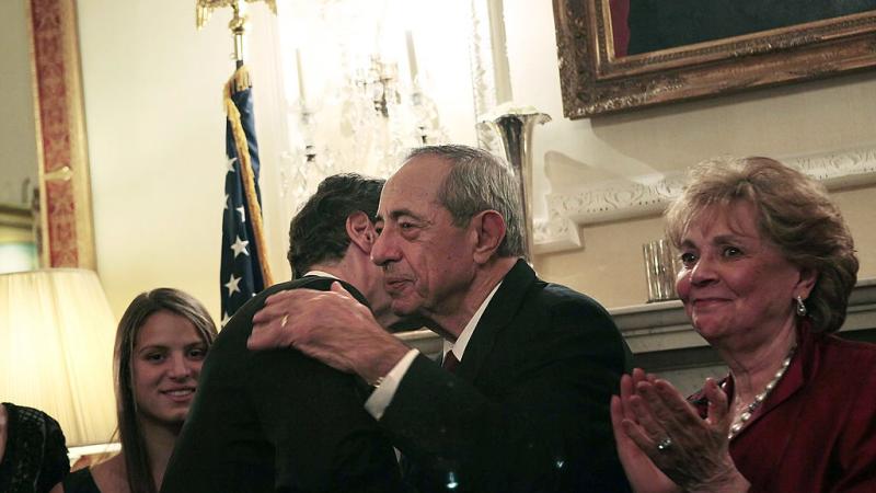 Former Gov. Mario Cuomo congratulates new Gov. Andrew Cuomo