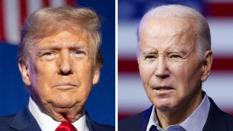 L: Donald Trump, Dec. 16, 2023, Durham, N.H., R: Joe Biden, Nov. 29, 2023, Pueblo, Colo.