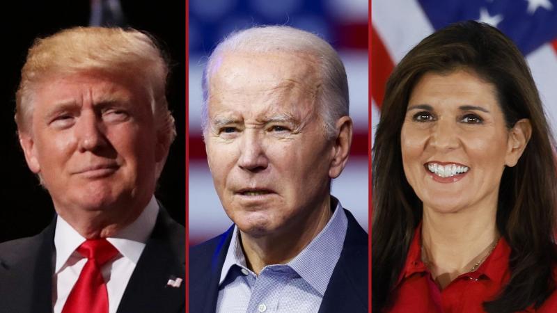 L: Donald Trump, Aug. 5, 2023, Columbia, S.C.; C: Joe Biden, Nov. 29, 2023, Pueblo, Colo.; R: Nikki Haley, West Des Moines, Iowa, Jan. 15, 2024