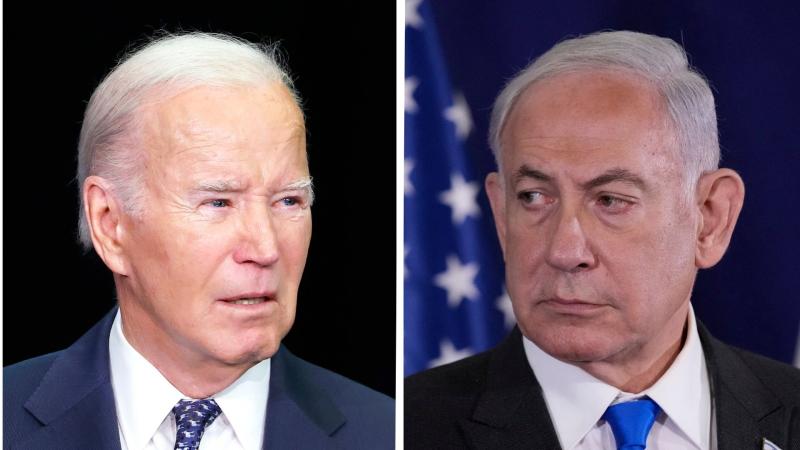 L: Joe Biden, Leesburg, Va., Feb. 8, 2024, R: Benjamin Netanyahu, Israel, Oct. 12, 2023
