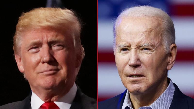 L: Donald Trump, Aug. 5, 2023, Columbia, S.C.; R: Joe Biden, Nov. 29, 2023, Pueblo, Colo.