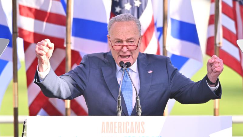 Chuck Schumer, Israel flags, Nov. 14, 2023, Washington, D.C.