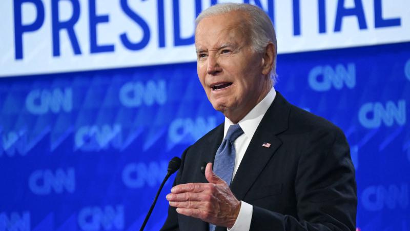 US President Joe Biden speaks as he participates in the first presidential debate of the 2024 elections with former US President and Republican presidential candidate Donald Trump at CNN's studios in Atlanta, Georgia, on June 27, 2024.