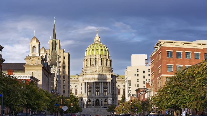 HARRISBURG, PENNSYLVANIA, UNITED STATES - 2015/10/06: Pennsylvania State capitol building. (Photo by John Greim/LightRocket via Getty Images)