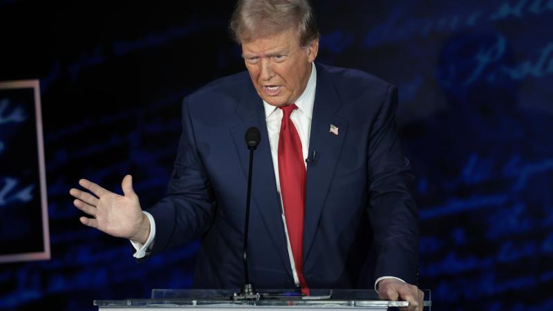 Republican presidential nominee, former U.S. President Donald Trump, debates Democratic presidential nominee, U.S. Vice President Kamala Harris, for the first time during the presidential election campaign at The National Constitution Center on September 10, 2024 in Philadelphia, Pennsylvania.