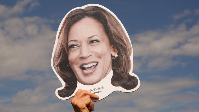 Supporter holds head sign of Kamala Harris