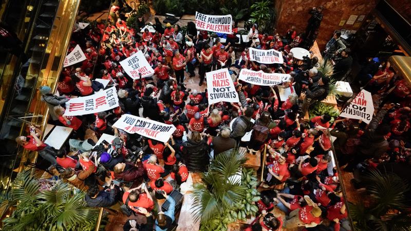 Demostrators from the human rights organiztaion Jewish Voice for Peace holds a civil disobedience action inside Trump Tower in New York on March 13, 2025