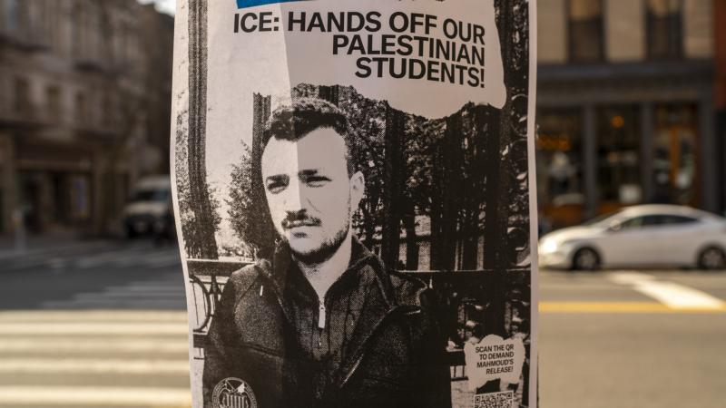 A poster is taped to a lamppost protesting the arrest of pro-Palestinian activist and Columbia graduate student Mahmoud Khalil for leading demonstrations at Columbia University on March 13, 2025 in New York City.