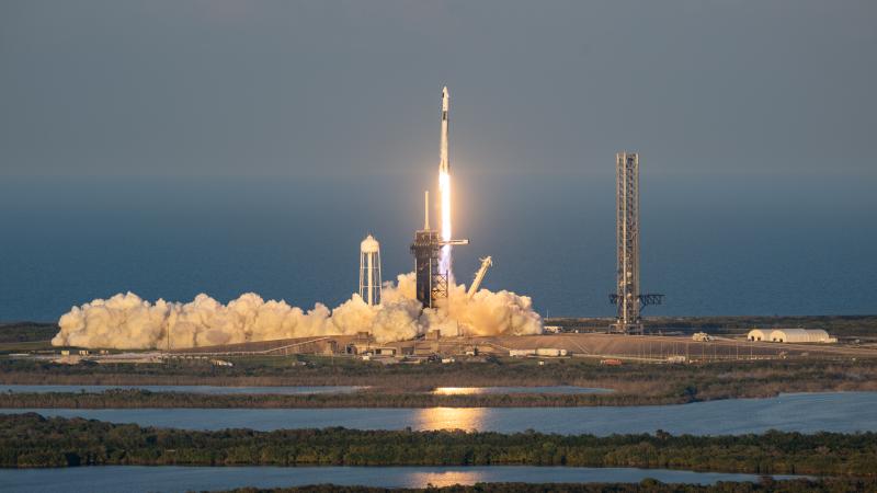  The SpaceX Falcon 9 rocket and Dragon spacecraft launches from the Launch Complex 39A at NASA’s Kennedy Space Center on March 14, 2025 in Cape Canaveral, Florida.