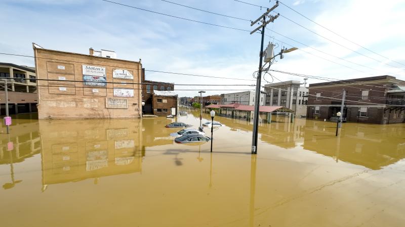  In an aerial view, water covers roadways following extreme flooding that has caused significant damage throughout the area on April 04, 2025 in Hopkinsville, Kentucky. 