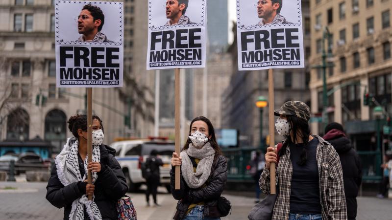 Pro-Palestinian activists rally for Mohsen Mahdawi and protest against deportations outside of ICE Headquarters on April 15, 2025 in New York City.