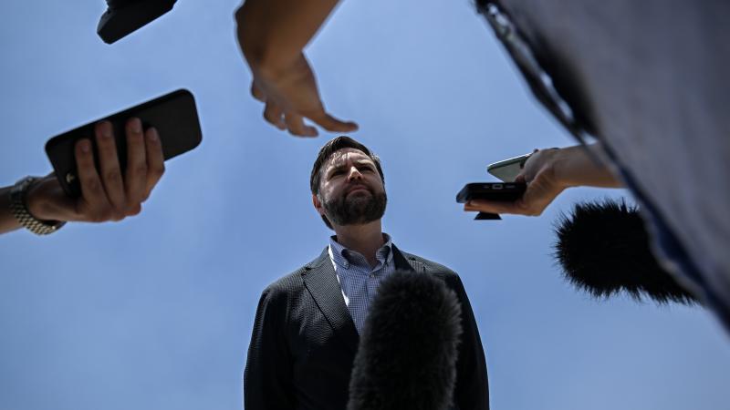 APRIL 23: U.S. Vice President JD Vance speaks to media as he departs Agra, India en route to Jaipur, India after visiting the Taj Mahal on April 23, 2025 in Agra, India.