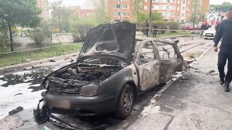 A screen grab from a video shows the car in which senior Russian military officer Gen. Yaroslav Moskalik was killed in, confirmed by Russia's Investigative Committee, on April 25, 2025 in the Moscow region, Russia.